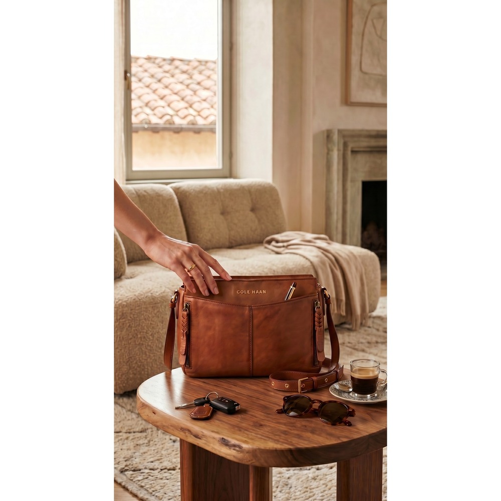 Cole Haan British Tan Leather Triple Compartment Crossbody Satchel Fine Quality